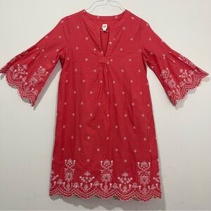 Gap Eyelet Embroidered Dress Bell Sleeve Coral Pink Shift Dress Half Sleeve Sz S